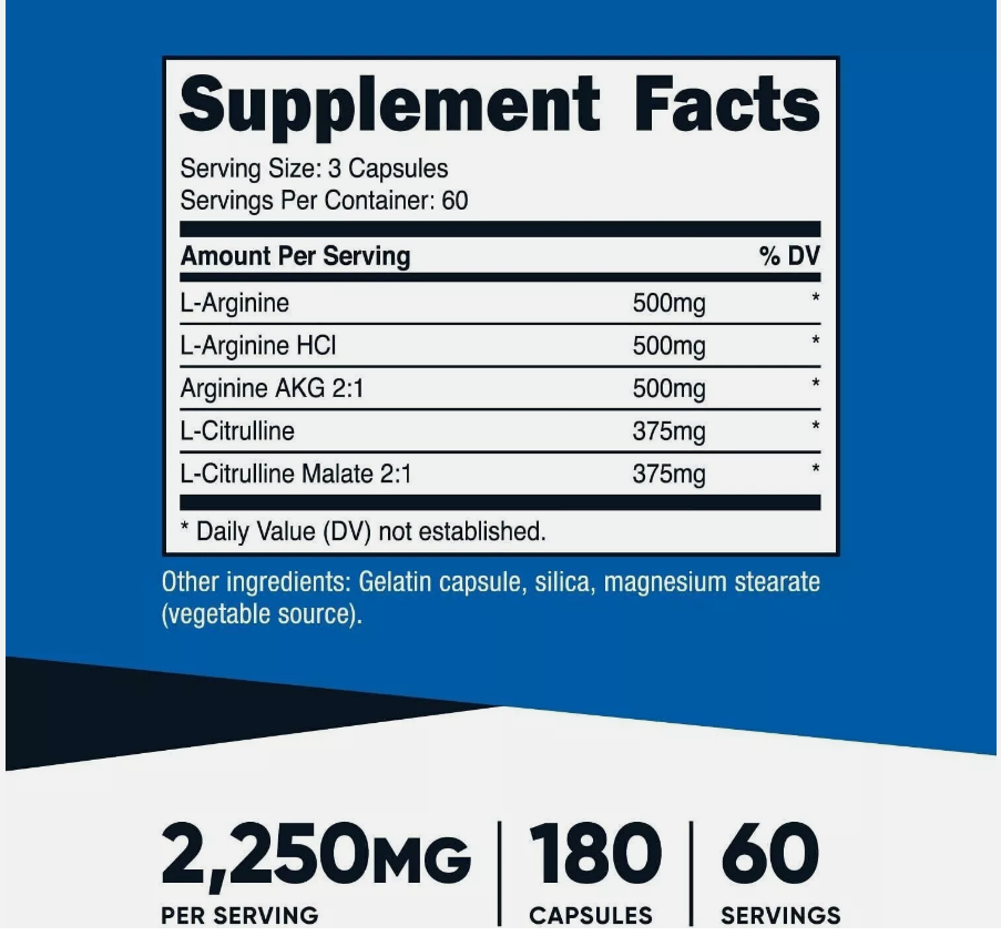 Nutricost Nitric Oxide NO2 Booster 2250mg 180caps (750mg per cap - 60 servings)