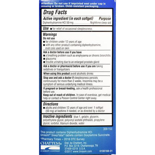 Unisom Night-time Sleep-Aid Gels, Diphenhydramine HCI 50mg, 100 Count
