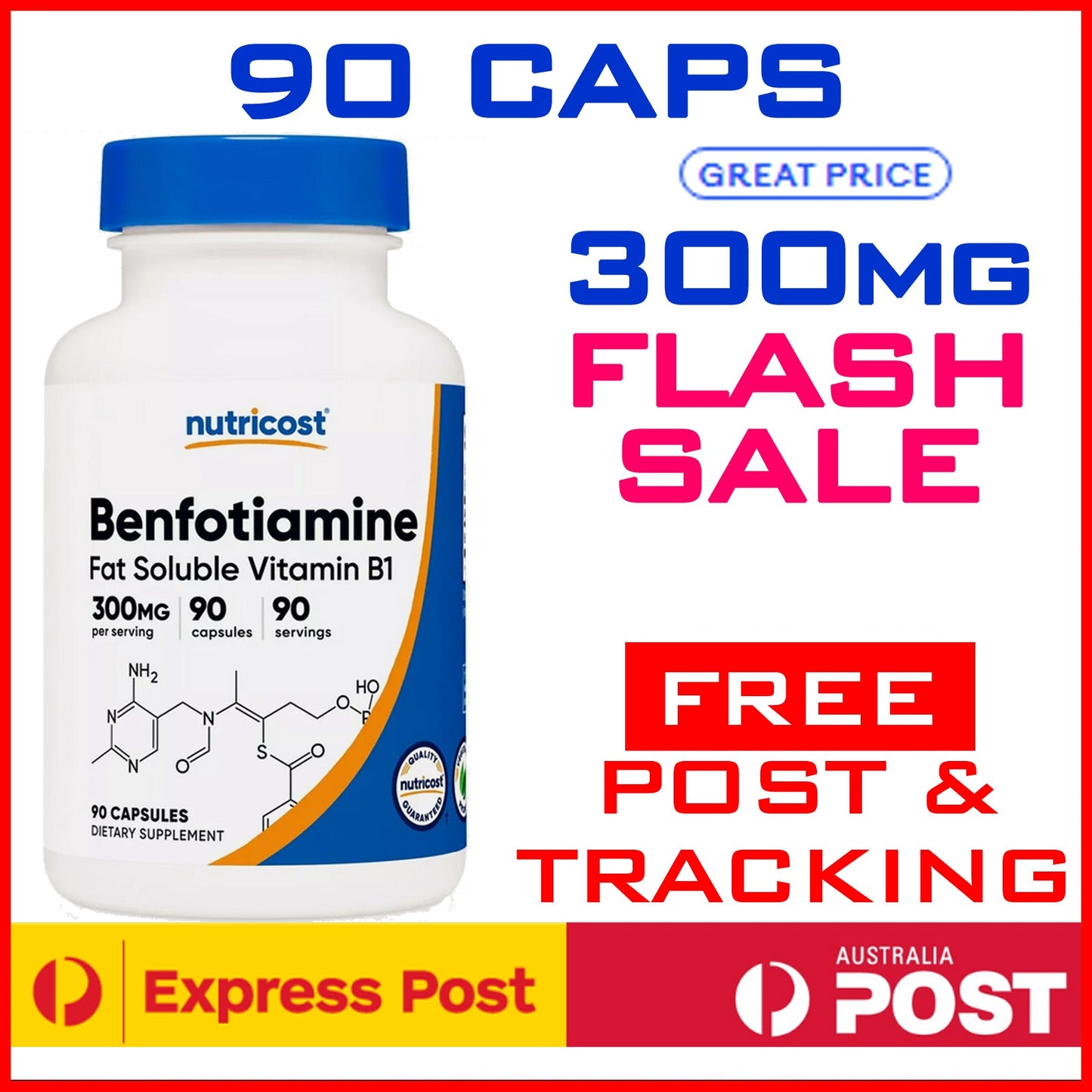 Nutricost BENFOTIAMINE 300mg 90 Veggie Caps VITAMIN B1 PREMIUM GRADE Free Post